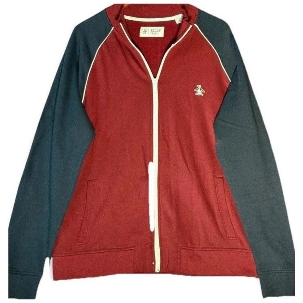 Original Penguin Track Jacket Men's L Tawny Red Navy‎ Blue Full Zip Warm Up